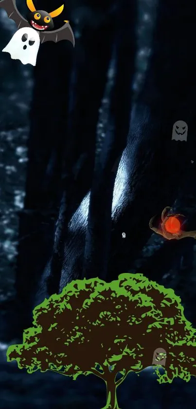 Spooky Halloween forest scene with ghosts and bats.