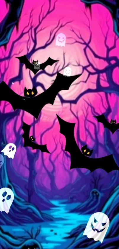 Spooky forest wallpaper with bats and ghosts under a pink and blue sky.
