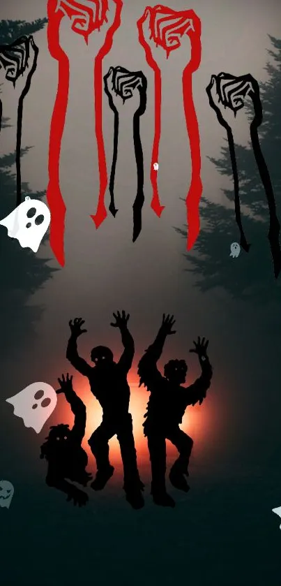 Spooky forest wallpaper with ghosts and silhouettes.