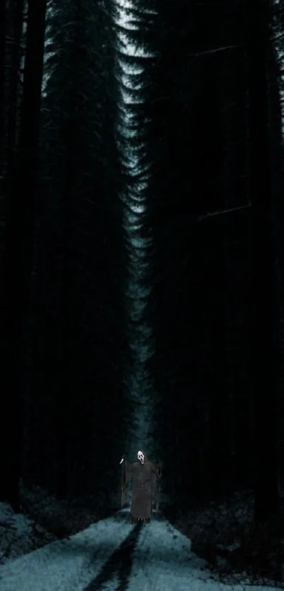 Mystical dark forest with a spooky figure on a snowy path.