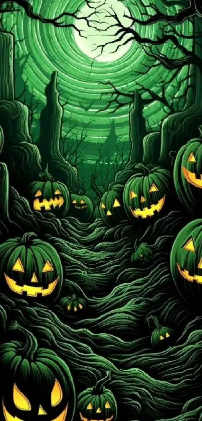 Eerie mobile wallpaper with glowing jack-o'-lanterns in a dark green forest.