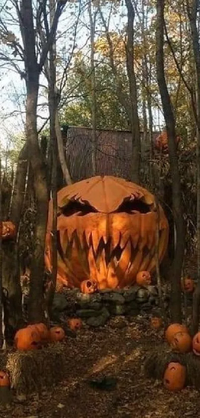 Spooky Halloween forest with giant pumpkin.