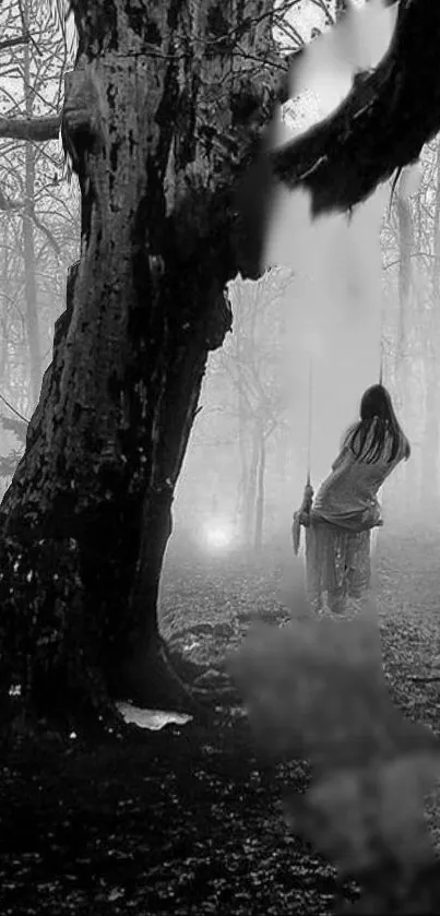 Eerie black and white wallpaper with forest and swing scene.