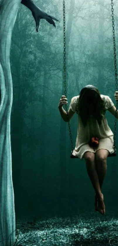 Eerie forest wallpaper with a swing and ghostly figure.