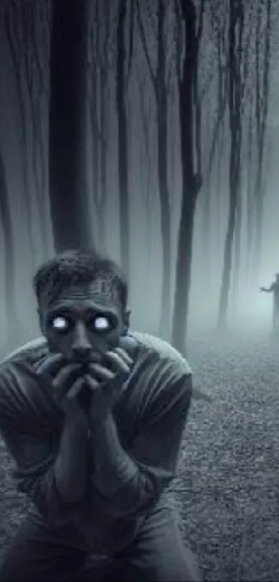 Spooky figure in foggy forest with glowing eyes.