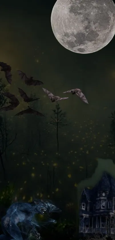 Mobile wallpaper featuring a spooky night scene with full moon, bats, and house.