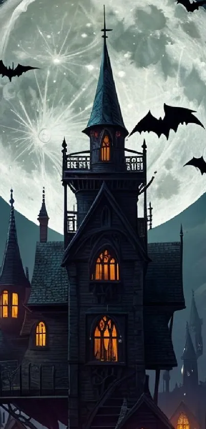 Gothic haunted house with bats under a full moon on a dark night.