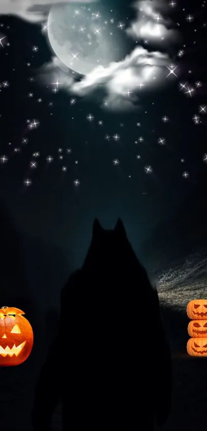 Spooky wallpaper with full moon and pumpkins.