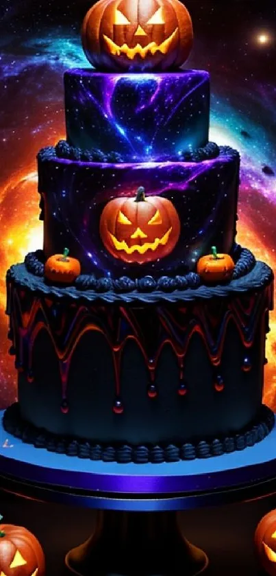 Halloween cake with galaxy background and pumpkins.