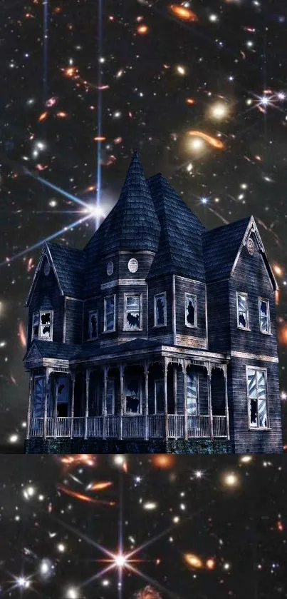 Haunted house with galaxy backdrop, featuring stars and cosmic elements.