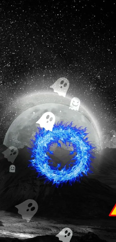 Spooky galaxy night wallpaper with ghosts and blue energy.