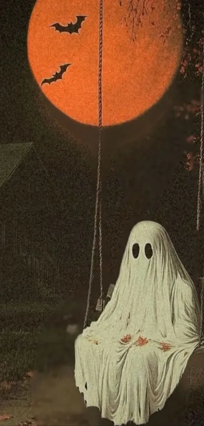 Ghost sitting on swing under orange moon with bats, eerie scene.