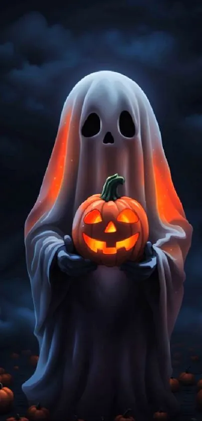 Eerie ghost holding pumpkin in dark night.