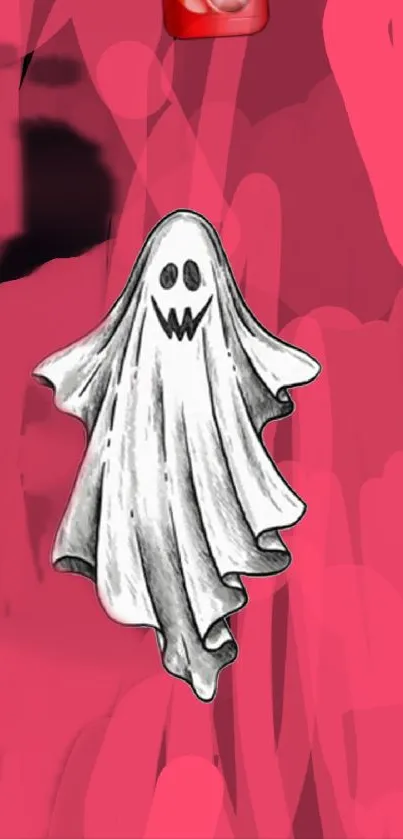 Cartoon ghost on a bold pink background with Halloween vibes.