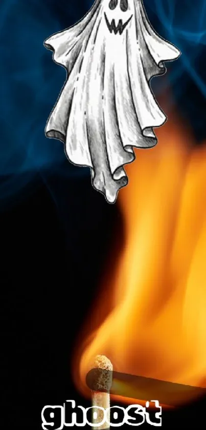 Spooky ghost over a dancing flame with smoky background.