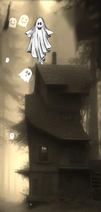 Spooky ghost house in a dark forest wallpaper.