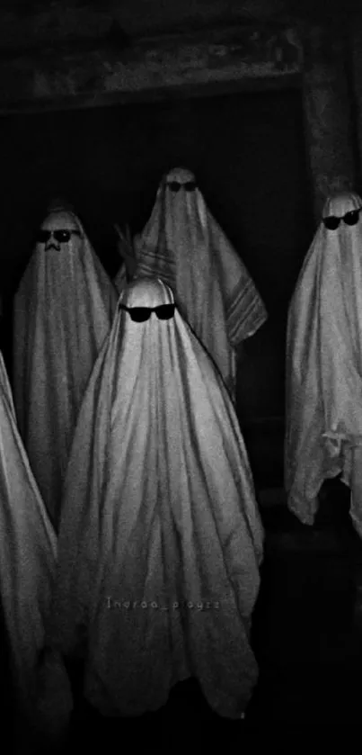 Spooky scene with black and white ghost figures in a dark setting.