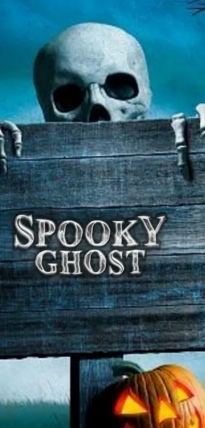 Skeleton with spooky ghost Halloween theme