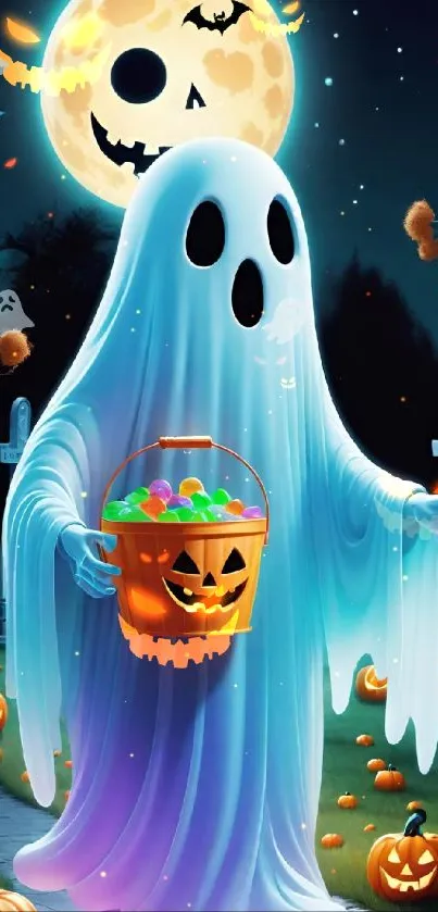 Ghost with bucket in moonlit graveyard, surrounded by pumpkins.