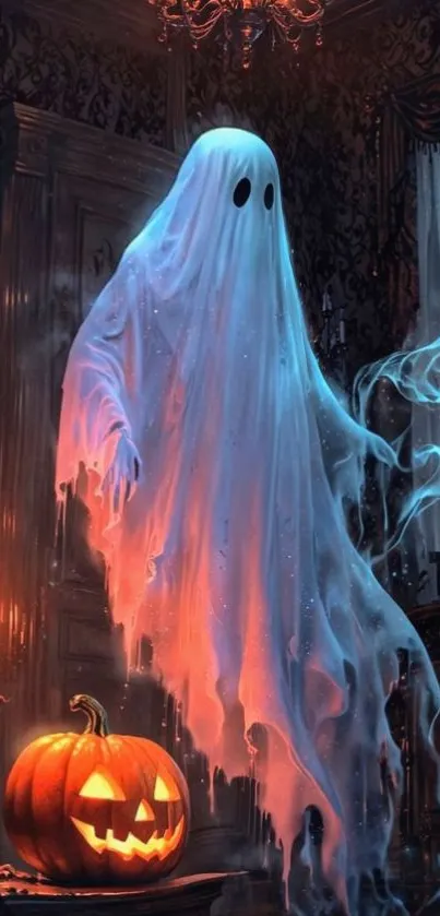 A ghostly figure and pumpkin create a spooky Halloween scene in a dimly lit room.