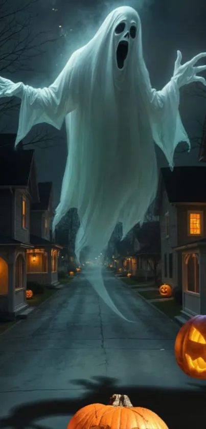 Spooky ghost hovering over a street with glowing pumpkins on Halloween night.