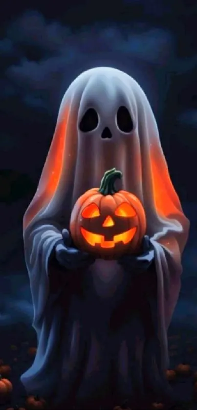 Ghost holding a glowing pumpkin.