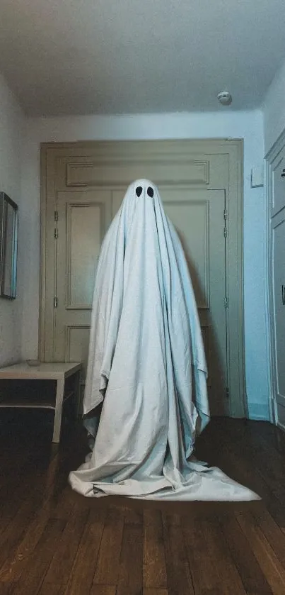 A spooky ghost in a dimly lit hallway, draped in a white sheet.