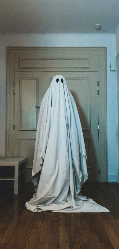 Ghostly figure in a dimly lit room, draped in white.