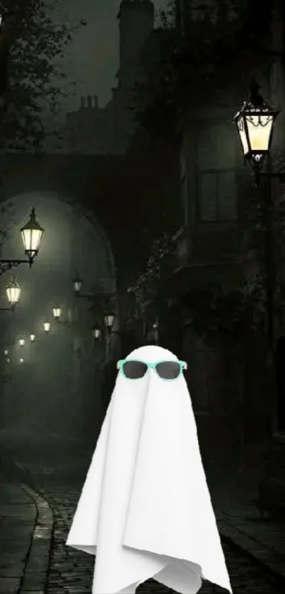 Ghost in dark alley with street lamps and sunglasses.