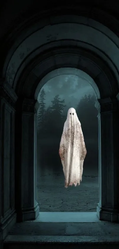 Mobile wallpaper of a floating ghost in a dimly lit archway, creating a spooky atmosphere.