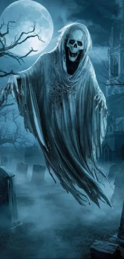 Ghost floating in a foggy cemetery at night under a full moon.