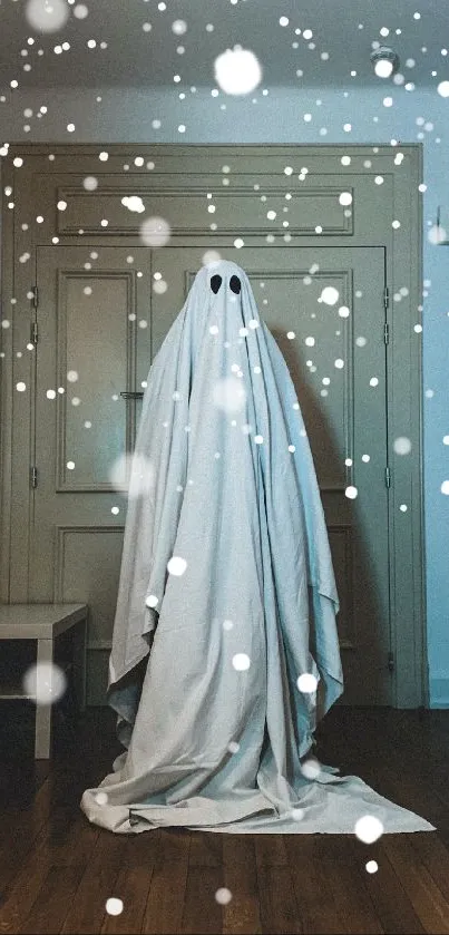 Ghost in a room with a snowfall effect, creating an eerie ambiance.