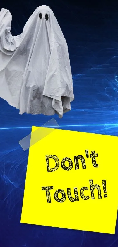 Spooky ghost floats above a note on a blue digital background.