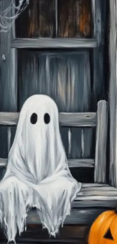 Ghost sitting on a porch with a pumpkin