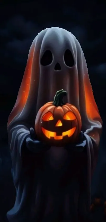 Spooky ghost holding a glowing pumpkin in a dark Halloween setting.