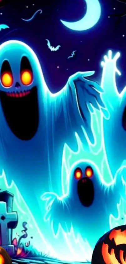 Spooky Halloween wallpaper with glowing ghosts and pumpkins under the moonlit sky.