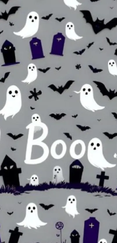 Spooky Halloween wallpaper with ghosts, bats, and tombstones.