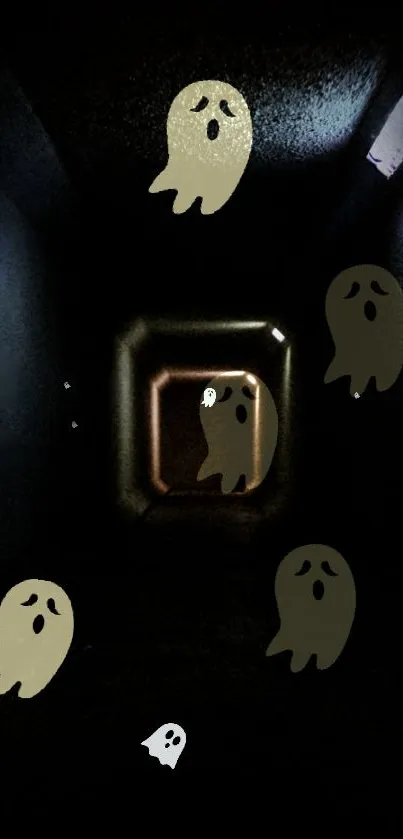 Cartoon ghosts floating in a dark tunnel setting.