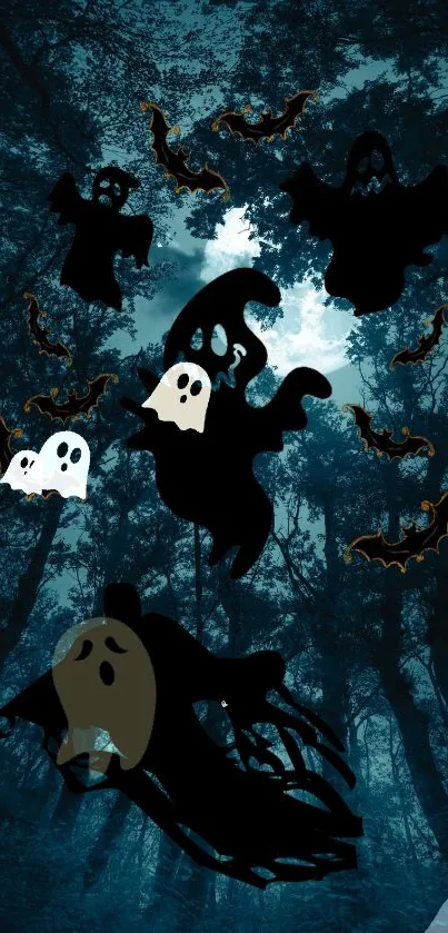 Mobile wallpaper featuring animated ghosts and bats in a dark forest under moonlight.