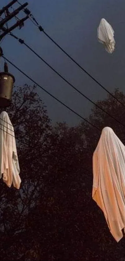 Ghostly figures floating on power lines under a dark sky.