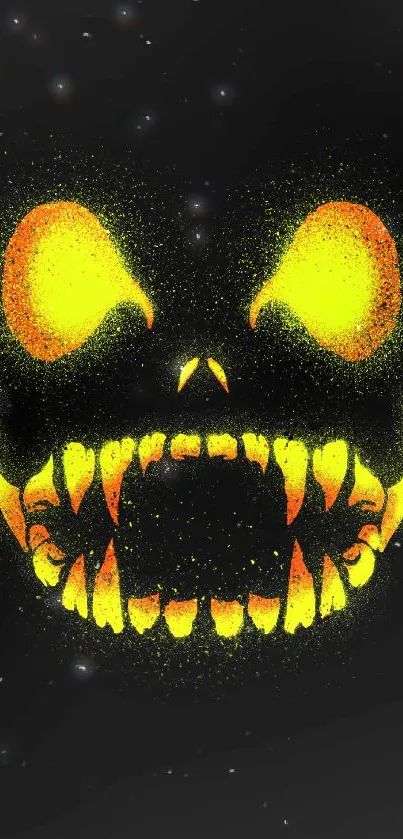 Spooky glowing face with yellow eyes on a black background.