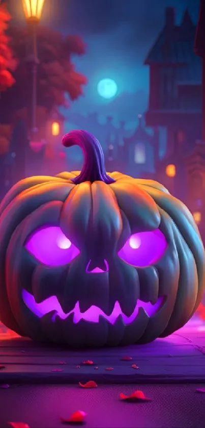 Glowing pumpkin with purple eyes under streetlamps in a spooky night scene.