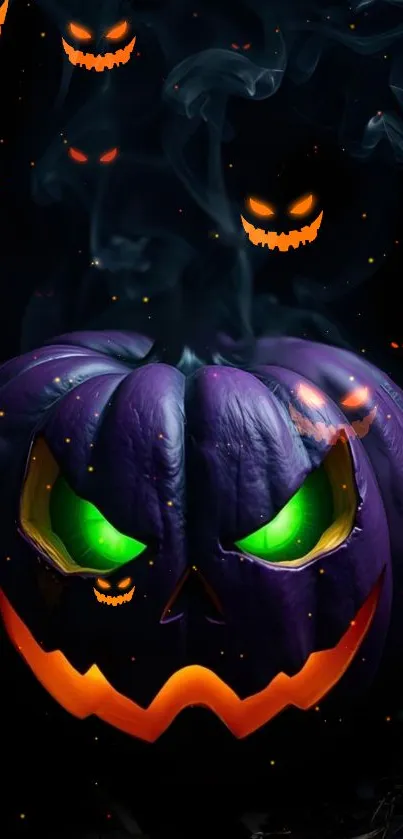 A spooky glowing pumpkin with green eyes for Halloween wallpaper.