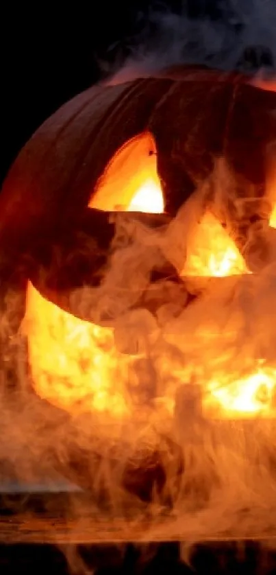 Glowing jack-o'-lantern with mysterious smoke on a dark background.