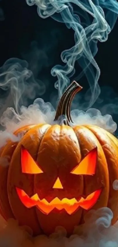Glowing pumpkin with misty background, perfect for Halloween.