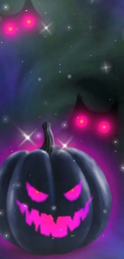 Spooky glowing pumpkin with eyes in misty night background.