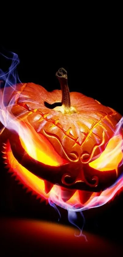 Spooky glowing pumpkin with blue smoke wallpaper.