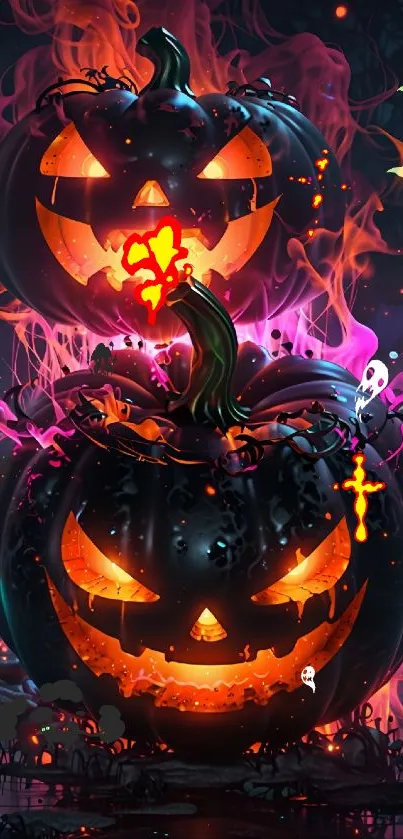 Spooky glowing pumpkins with fiery eyes in a Halloween-themed wallpaper.