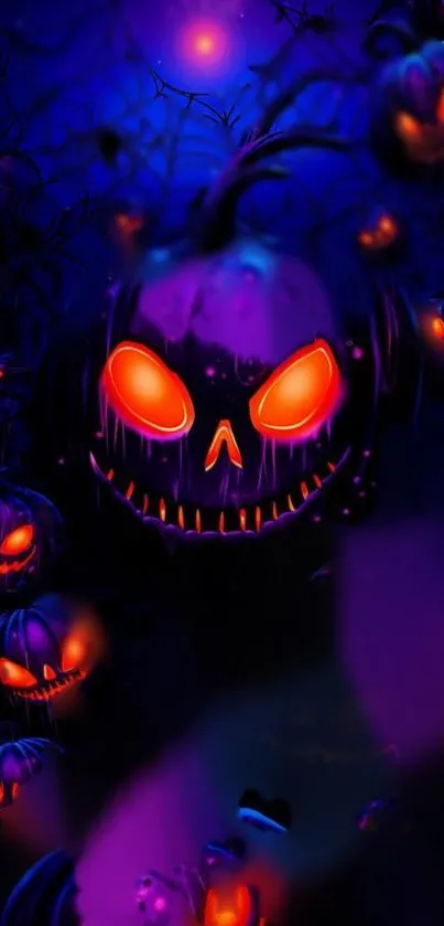 Eerie night scene with glowing pumpkins and a haunting purple sky.