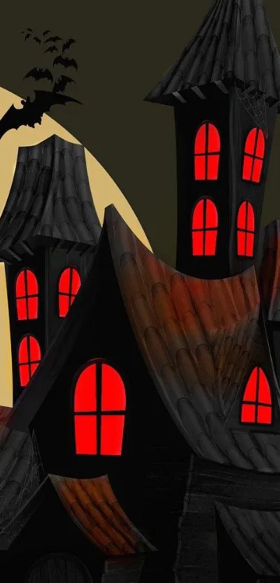 Gothic castle with red windows and bats for Halloween.